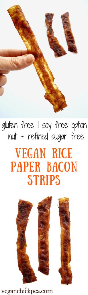 Vegan Rice Paper Bacon Strips Recipe - looks real. Tastes real. 100% plant based. | {gluten, nut & refined sugar free, soy free option} veganchickpea.com Bacon Substitute, Rice Paper Bacon, Vegan Hacks, Cooking Vegan, Vegan Substitutes, Fitness Recipes, Vegan Meat, Plant Party, Vegan Rice