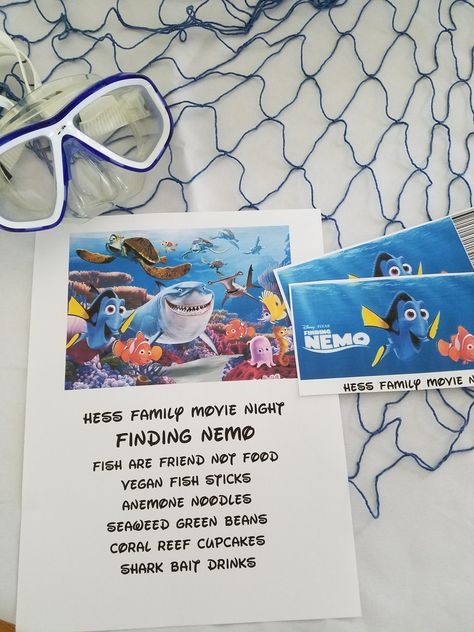 Finding Nemo movie night Disney Movie Night Menu Finding Nemo, Finding Nemo Themed Dinner, Finding Nemo Dinner And A Movie, Nemo Movie Night, Finding Nemo Movie Night, Movie Night Disney, Disney Dinner And Movie Night, Disney Nights, Movie Meals