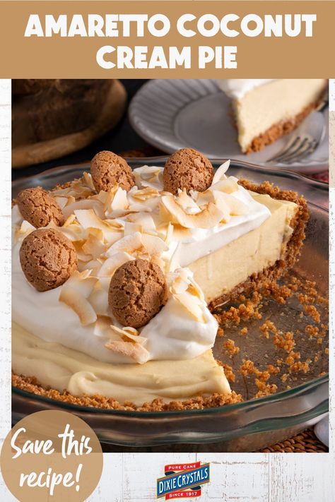 You’ll want to sink your teeth into this Amaretto Coconut Cream Pie recipe. A creamy coconut filling sits atop a crunchy crust made with Amaretti cookies. It's an irresistible combination of textures and flavors that will have you coming back for seconds! Save this recipe and share this summer dessert with friends and family at your next gathering or keep it all to yourself (we won't tell!). Coconut Filling, Coconut Cream Pie Recipes, Amaretti Cookies, Summer Pie, Cream Pies, Pie Flavors, Frozen Pie, Coconut Desserts, Good Pie