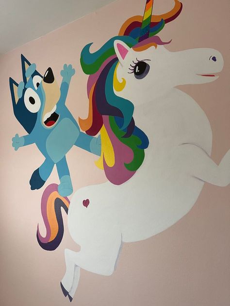 Bluey Room Ideas Girl, Bluey Bedroom Girl, House In Florida, Unicorn Rooms, Riding A Unicorn, Unicorn Room, Mural Paintings, Room Accent Wall, Girl Sleepover