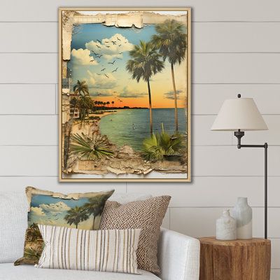 This beautiful "Vintage Florida Collage Palm Trees And Beach" wall art is printed on premium quality cotton canvas using the finest fade-resistant ink. Format: Natural Floater Framed, Size: 32" H x 24" W x 1" D | Highland Dunes Vintage Florida Collage Palm Trees and Beach - Print on Canvas 32.0 H x 24.0 W x 1.0 D in blue / brownMetal in Natural Floater Framed | 32" H x 24" W x 1" D | Wayfair Florida Collage, Old Florida Decor, Florida Beach House Decor, Key West Decor, Vintage Beach Decor, Palm Beach Decor, Florida Palm Trees, Florida Cottage, Beach Art Prints