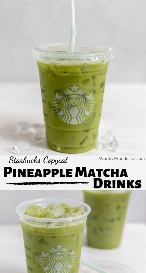 Inspired by the new Starbucks drink, this Iced Pineapple Matcha Latte Drink Recipe is a refreshing and energizing beverage. A blend of matcha green tea, pineapple, ginger and coconut milk make this Starbucks Copycat perfect for the warmer months. #matchalatte #matcharecipes #starbucksdrinkrecipes #starbuckscopycat #greentealatte #dairyfreerecipes Pineapple Matcha Drink, Pineapple Matcha, Matcha Drink Recipes, Matcha Drinks, Matcha Green Tea Recipes, Starbucks Matcha, Pineapple Ginger, Matcha Latte Recipe, Green Tea Recipes