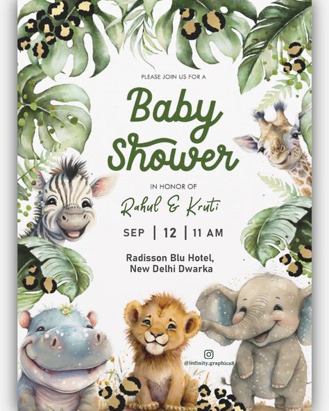 Baby Shower Jungle theme invite 👼🏻🦒🦓🐘🦁 For our proud prerents-to-be Rahul & Kruti ❤️ . #babyshower #jungle #jungletheme #babyshowerinvite #digitalinvitation #einvite #birthday #babyshowerinvitations #littleangel #baby #personalisedinvitations Jungle Theme Baby Shower Invitations, Jungle Theme Baby Shower Ideas For Boys, Rainforest Baby Shower Theme, Baby Shower Jungle Theme Boy, Jungle Safari Baby Shower Ideas, Decoracion Baby Shower Safari, Baby Shower Ideas Safari, Jungle Theme Baby Shower Ideas, Baby Shower Jungle Theme