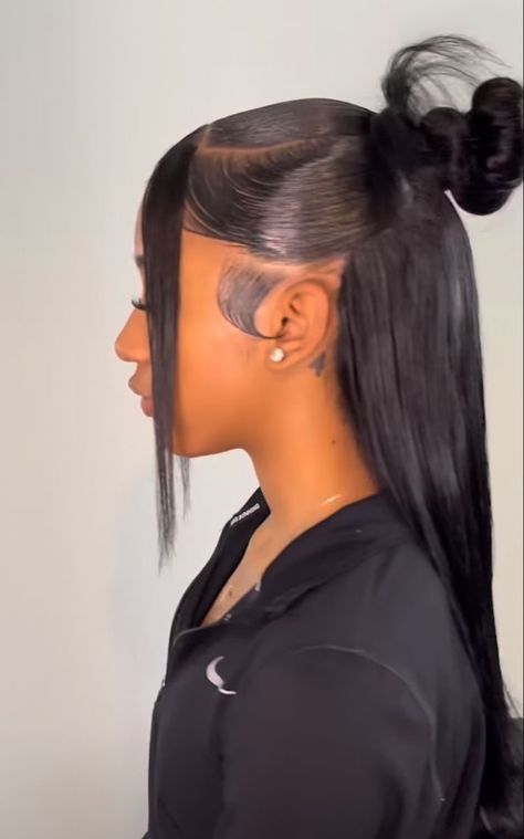 Unique Hairstyles For Prom, Hair Weave Ponytail Styles, 3part Half Up Half Down, Hairstyles For Flat Ironed Hair Black, Short Hair Sleek, Half Up Half Down With Bangs, Flat Ironed Hair Black Hairstyles, Feminine Short Haircuts, Hair Color Ideas Short Hair