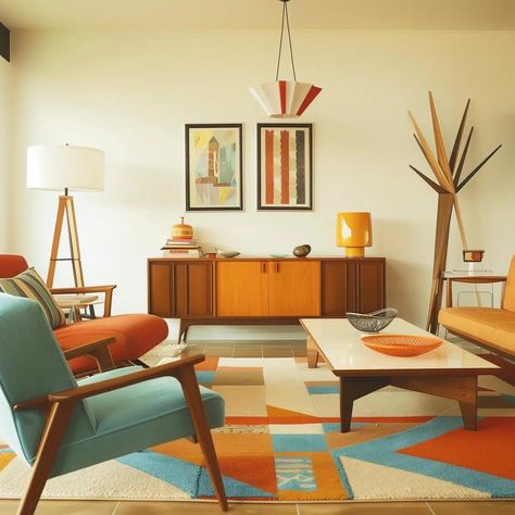 60s Modern Interior, 50s Living Room Decor, Retro House Interior Design, 60s Aesthetic Living Room, Retro Chic Interior Design, 60s Apartment Decor, Interior Design 70s Modern, 70 House Decor, Retro Lounge Room