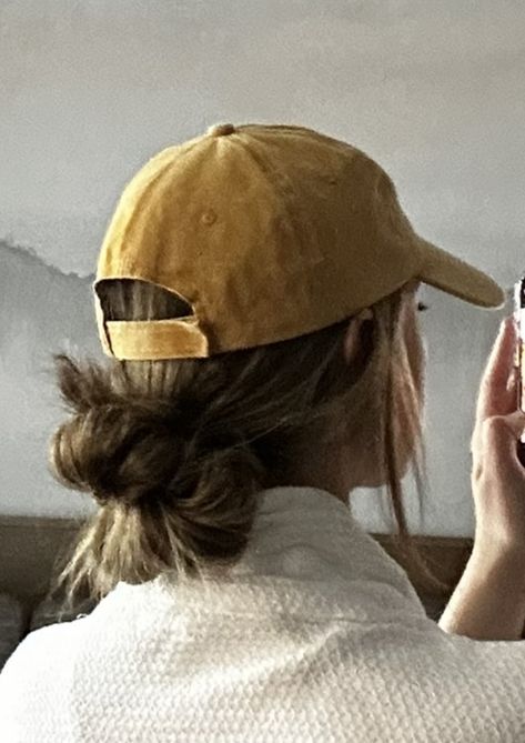 Low Bun With Hat, Camping Hairstyles, Low Bun Hairstyle, Cap Hairstyles, Camping Hair, Low Bun Hairstyles, Gym Hairstyles, Cute Hat, Bun Hairstyle