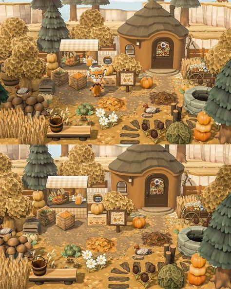 Animal Crossing Fall Cottagecore, Animal Crossing Autumn Entrance, Acnh Autumn Cottagecore, Acnh Fall House Exterior, Fall Town Acnh, Acnh Fall Cottagecore, Anch Themes, Acnh Fall Path, Animal Crossing Fall Island