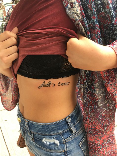 Faith Over Fear Fine Line Tattoo, Faith Over Fear Rib Tattoo, Small First Tattoo Ideas Meaningful, Faith Fear Tattoo, Faith Over Fear Tattoo For Women, Faith Tatoos, Faith Over Fear Tattoo, Rib Tats, Small First Tattoos