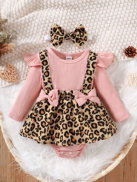 Multicolor  Collar Long Sleeve Fabric Leopard Print A Line Embellished Slight Stretch  Baby Girls Clothing Shein Baby Girls Outfits, Cute Baby Clothes Girl, Leopard Print Bow, Baby Leopard, Baby Planning, Bodysuit Dress