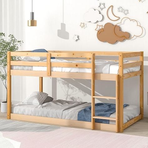 Amazon.com: Low Bunk Beds Twin Over Twin Wood Floor Bunk Bed Frame with Slats Base for Kids Boys Girls Teens, No Box Spring Needed, Natural : Home & Kitchen Solid Wood Bunk Beds, Low Bunk Beds, Twin Size Loft Bed, Wood Bunk Beds, Low Loft Beds, Bed Platform, Twin Loft Bed, Low Loft, Twin Bunk Beds