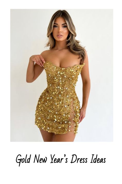 Gold New Year’s Dress Ideas Unique Hoco Dresses Short Bodycon, Short Corset Dresses, Gold Dress Birthday, Gold Birthday Dress, Unique Dresses Short, Corset Dress Short, Minna Fashion, Gold Dress Short, Sequin Corset