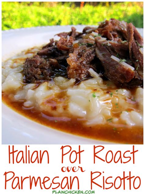 Italian Pot Roast over Parmesan Risotto - THE BEST post roast! Pot Roast slow cooked all day in tomato juice, italian seasoning and au jus mix. Serve over a quick homemade parmesan risotto. I literally licked my plate! Best Pot Roast Recipe, The Best Pot Roast, Risotto Parmesan, Italian Pot Roast, Parmesan Risotto, Best Pot Roast, Pot Roast Recipe, Random Recipes, Zuppa Toscana