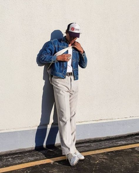 Vintage Denim Jacket Outfit, Trucker Jacket Outfit, Street Fashion Shoot, Work Wear Men, Trucker Jacket Men, Trendy Boy Outfits, Denim Jacket Outfit, Trendy Mens Fashion, Street Style Outfits Men