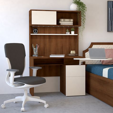 Work from home table, work desk, office table Study Table With Overhead Storage, Narrow Shelf, Sliding Shutters, Narrow Shelves, Overhead Storage, Wire Management, Bed Ideas, Study Table, Brown Colour