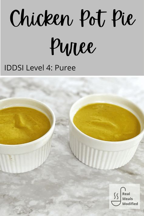 This Level 4: Puree Chicken Pot Pie is so delicious! Even without the traditional crust, you'll get all the wonderful, crave-able flavors of chicken pot pie. Pureed Diet For Elderly, Pureed Chicken Recipes, Baractric Puree Foods, Pureed Food Recipes For Adults Dinners, Pureed Protein Recipes, Pureed Meals For Adults, Pureed Foods For Adults, Chicken Puree Recipes, Pureed Food Recipes For Adults Dysphagia