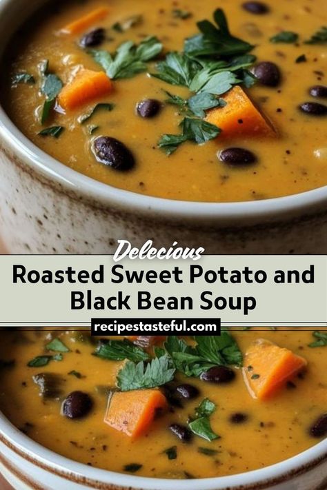 A hearty and nutritious soup that combines roasted sweet potatoes and black beans, seasoned with cumin and chili powder. This comforting dish is perfect for chilly days and can be enjoyed by the whole family. Sweet Potatoes And Black Beans, Sweet Potato And Black Bean, Cubed Sweet Potatoes, Sweet Potato Black Beans, Roasted Sweet Potato, Chilli Recipes, Black Bean Soup, Potato Vegetable, Bean Soup