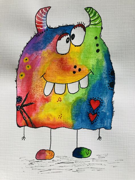 Bright Drawings, Cute Monsters Drawings, Doodle Monster, Whimsical Art Paintings, Window Drawing, Chicken Painting, Monster Drawing, Watercolor Beginner, Whimsical Wall Art