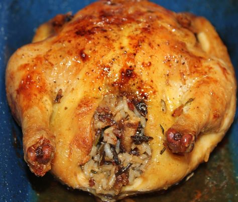 Cornish Game Hens with Wild Rice and Mushroom Stuffing Rice Stuffed Cornish Hen Recipe, Wild Rice And Mushrooms, Wild Rice Stuffing Recipes, Cooking Cornish Hens, Hen Recipes, Game Hen Recipes, Cornish Game Hen Recipes, Classic Stuffing, Mushroom Stuffing