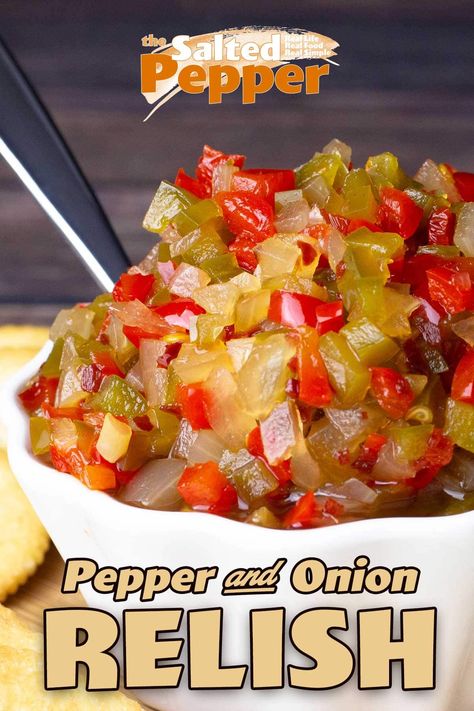 Pepper & Onion Relish Recipe Sweet And Hot Pepper And Onion Relish, Canned Green Peppers Recipes, Pepper Onion Relish, Onion Relish Recipe, Hot Pepper Relish, Cold Dip, Sweet Pepper Recipes, Relish Sauce, Relish Recipe