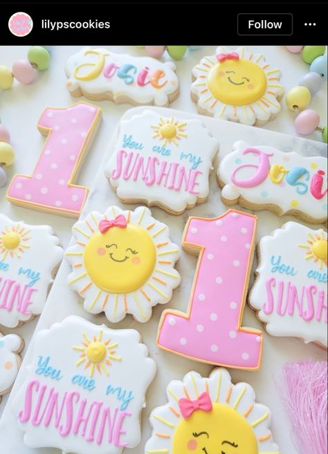 Sunshine Birthday Cakes, Sunshine Birthday Theme, Beach Birthday Decorations, Sunshine Cookies, Sunshine First Birthday, First Birthday Cookies, Sunshine Birthday Parties, My Only Sunshine, Baby Birthday Themes