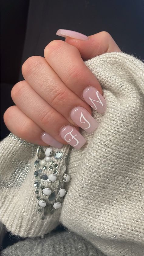 French Tips With M Initial, Nails With An L Initial, Letter Nail Designs Initials French Tip, Nails With Letter L On It, Cursive E On Nails, Nails With Boyfriends Initials, Boyfriend Initials, Letter F, Skin Care Essentials