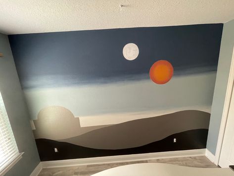 Star Wars Baby Room Mural, Star Wars Wall Paint, Starwars Nursery Mural, Tatooine Wall Mural, Tatooine Mural, Star Wars Nursery Mural, Tatooine Nursery, Nursery Ideas Star Wars, Starwars Nursery Boys