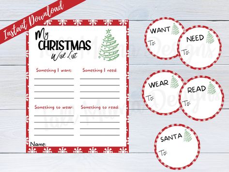 Want Need Wear Read, Dear Santa Letter, Favor Bag Toppers, Santa Letter Printable, Christmas Wish List, Read List, Christmas Topper, Christmas Gift Tags Printable, Bag Topper