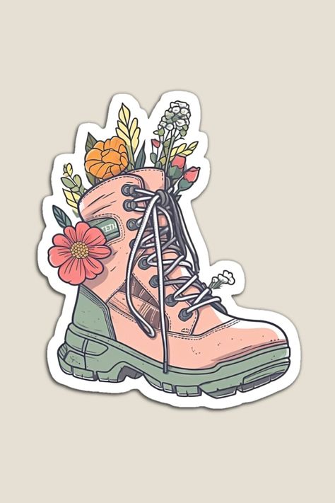 Add a touch of nature to your next adventure with our Wildflower Hiking Boots sticker design. This sticker design showcases the perfect blend of hiking boots and flowers. Whether you're a wildflower boots lover or simply appreciate the beauty of the outdoors, these boots are a must-have. Bullet Stickers, Art Boots, Sticker Design Inspiration, Bff Gifts Diy, Black And White Stickers, Nature Stickers, Scrapbook Stickers Printable, Outdoor Stickers, Sticker Ideas