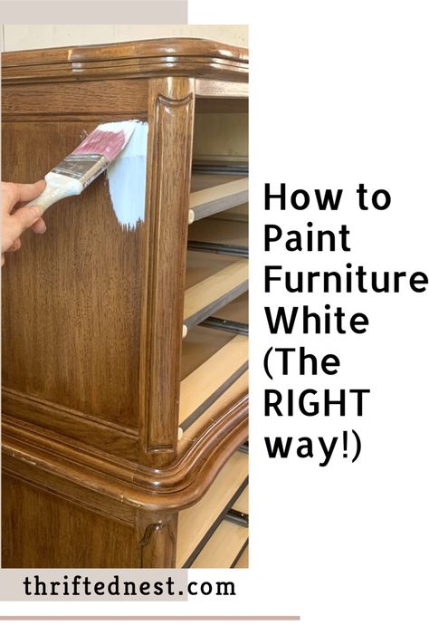 White Boho Dresser, Painting Timber Furniture White, How To Paint Dark Furniture White, Furniture Makeover Tutorial, How To Paint Wooden Furniture, Self Leveling Paint For Furniture, White Painted Dresser With Wood Top, Painting Old Bedroom Furniture, How To Paint Furniture White