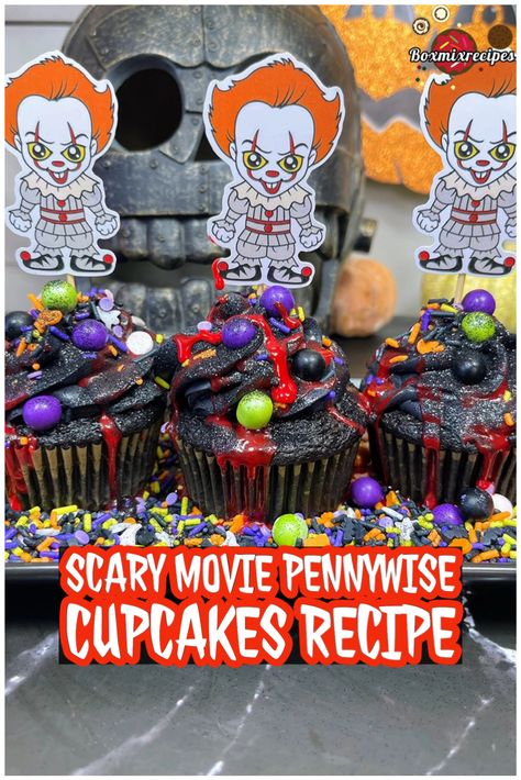 Scary Movie Pennywise Cupcakes Recipe Black Frosting, Black Cupcakes, Small Cupcakes, Halloween Cupcake Toppers, Devils Food Cake Mix Recipe, Black Food Coloring, Halloween Sprinkles, Spooky Movies, Black Food