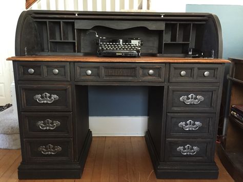 Refinished roll top desk using Miss Mustard Seed typewriter milk paint by Fisk Avenue. www.facebook.com/FiskAvenue Chalk Painted Roll Top Desk, Vintage Roll Top Desk Makeover, Black Roll Top Desk, Roller Desk Makeover, Refinished Roll Top Desk, Rolltop Desk Makeover, Painted Roll Top Desk, Roll Top Desk Makeover, Rolltop Desk