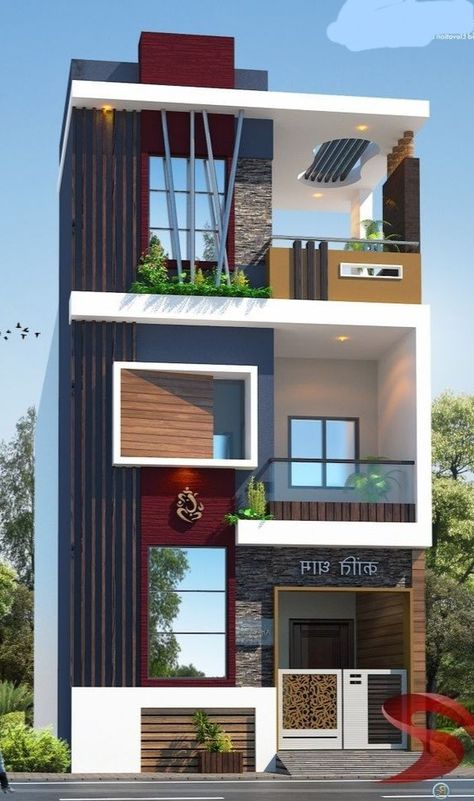 16 Feet Front House Elevation, Stair Cabinets, Elevated House Design, Building Elevations, Front Building Design, South Facing House, Exterior Elevation, Side Elevation, 3 Storey House Design