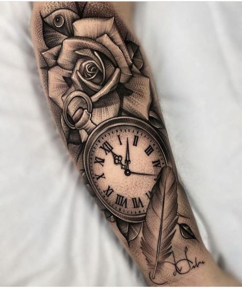 Clock And Rose Tattoo, Pocket Watch Tattoos, Rose Clock, Feminine Tattoo Sleeves, Rose Tattoos For Men, Clock Tattoo Design, Tattoos For Women Half Sleeve, Hip Tattoos Women, Best Tattoos For Women