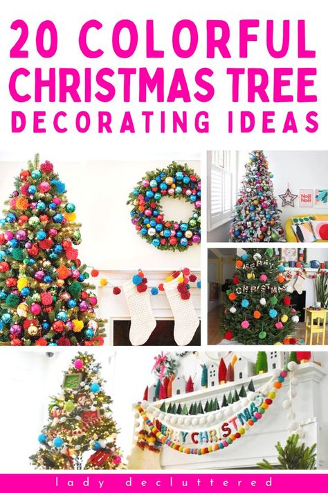 20 Colorful Christmas Tree Decorating Ideas Colorful Christmas Tree Decor, Christmas Tree Colored Lights, Christmas Tree With Coloured Lights, Theme Christmas Tree, Christmas Tree Nail Art, Colored Christmas Lights, Christmas Tree Theme, Nail Art Christmas, Rainbow Christmas Tree