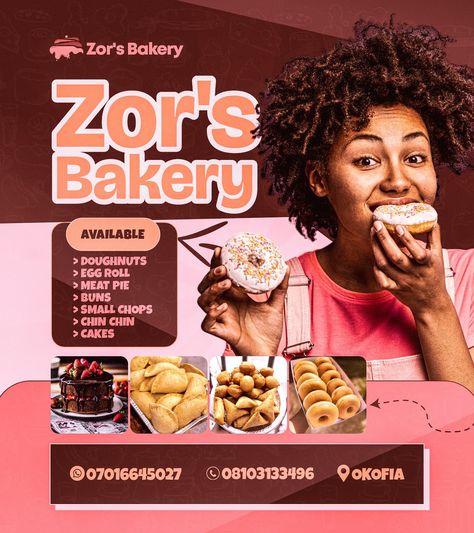 Brand Flyer Design for Zor's Bakery! A Bakery and Pastries Brand❤️ Actually the client wanted something Mature!, That was the word she kept mentioning 😂 I came up with the second slide firstly because I after I have researched and having known the importance of color pallete in the success of a functional design, I tried to blend-in colours associated with Bakery. The client however wanted something more, I had to ask her very pressing Questions so I could determine what she really wante... Pastries Flyer Design, Brand Flyer Design, Bakery Flyer, Bakery Branding Design, Brand Colours, Bakery Branding, Flyer Design Layout, Color Pallete, Flyer Ideas