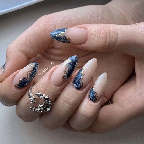 Prom Nails That Go With Blue Dress, Prom Nail Ideas Blue And Silver, Greyish Blue Nails Designs, Navy Wedding Nails For Bride, Navy Blue Nails Wedding, Nails For Blue Prom Dress, Dark Blue Wedding Nails, Navy Marble Nails, Nails To Go With Navy Dress