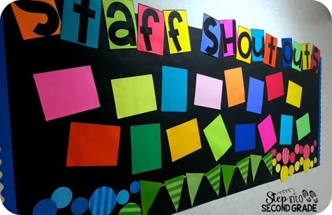 Bulletin Board for Staff Lounge. Love the idea of a Staff Shout Out Bulletin board to encourage positivity and support for one another. Love the black & neon colors. Shout Out Bulletin Board, Staff Bulletin Boards, Teachers Lounge Makeover, Teacher Morale, Work Bulletin Boards, Staff Lounge, Amy Lemons, Morale Boosters, Teachers Lounge