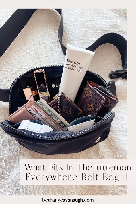 lululemon Everywhere Belt Bag opened displaying GUCCI Card Holder, Nécessaire The Hand Cream, LOUIS VUITTON Key Pouch and Holder, Tom Ford Lip Gloss, and Fenty Beauty Lip Gloss. What To Have In Your Belt Bag, Belt Bag Organization, What's In My Belt Bag, What’s In My Belt Bag, Lululemon Belt Bag Essentials, What’s In My Lululemon Belt Bag, Lululemon Belt Bag, Lululemon Bag, Belt Organizer