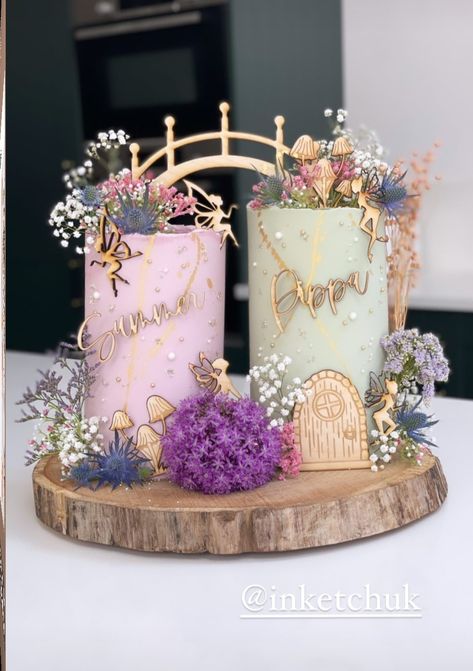 Garden Themed Cakes Ideas, Fairy Themed Desserts, Twins Cake Ideas, Twin Cake Ideas, Twins Birthday Cake Ideas, Fairytale Birthday Cake, Fairy Cake Ideas, Fairy Theme Cake, Fairy Themed Cake