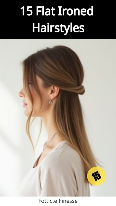 Flat Ironed Hairstyles,Woman with half-up, half-down straight hairstyle, side view Casual Straight Hairstyles, Straightened Hairstyles Half Up, Hairdos For Fine Straight Hair, Elegant Straight Hairstyles Wedding, Straight Hairstyles Formal, Straight Hair Formal Styles, Long Straight Hairstyles Half Up, Fancy Straight Hairstyles, Straight Hair Half Up Half Down