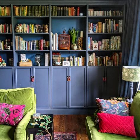 Maximalist Bookcase, Billy Bookcase Hack Built Ins, Maximalist Bookshelf, Painted Bookshelf, Eclectic Bookshelf Styling, Painting Bookcase, Billy Bookcase Hack, Moody Living Room, Painted Bookshelves