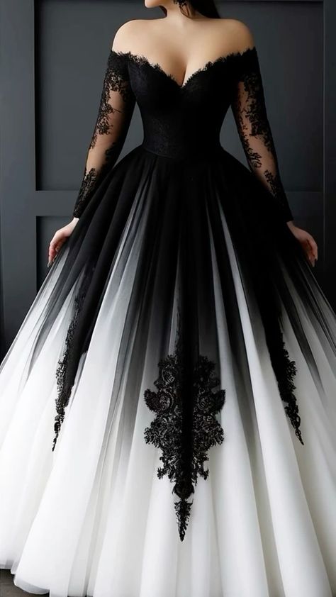 Types Of Ball Gowns, Black V Neck Wedding Dress, White Wedding Dresses With Black Lace, Dark Wedding Outfit, Black Wedding Dress White Lace, Wedding Dresses With Black Lace Accent, White And Black Lace Wedding Dress, Wedding Gothic Dress, Black To White Wedding Dress