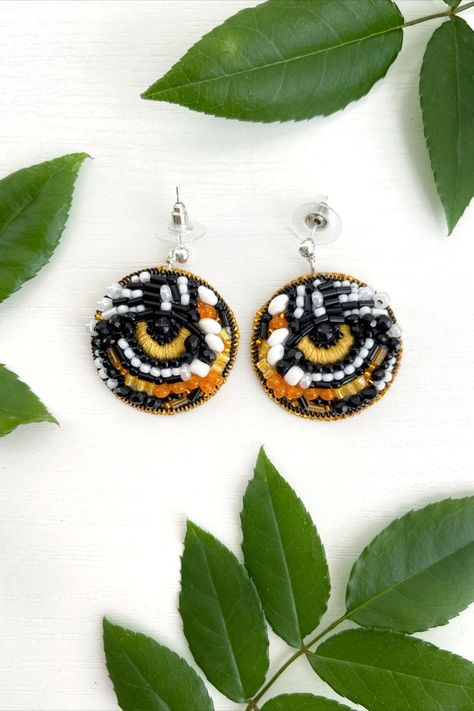 Tiger Earrings, Hand Beaded Jewelry, Aesthetic Earrings, Tiger Eye Earrings, Beading Jewelery, Unusual Gift, Bead Pendant, Cat Jewelry, Eye Earrings