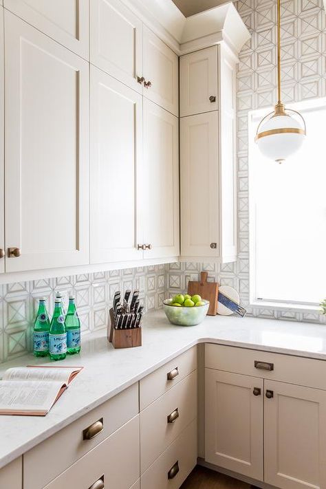 Edgecomb Gray Cabinets, Transition Kitchen, Benjamin Moore Edgecomb Gray, Gray Quartz Countertops, Edgecomb Gray, White Marble Kitchen, Gray Quartz, Grey Countertops, Lights Hanging