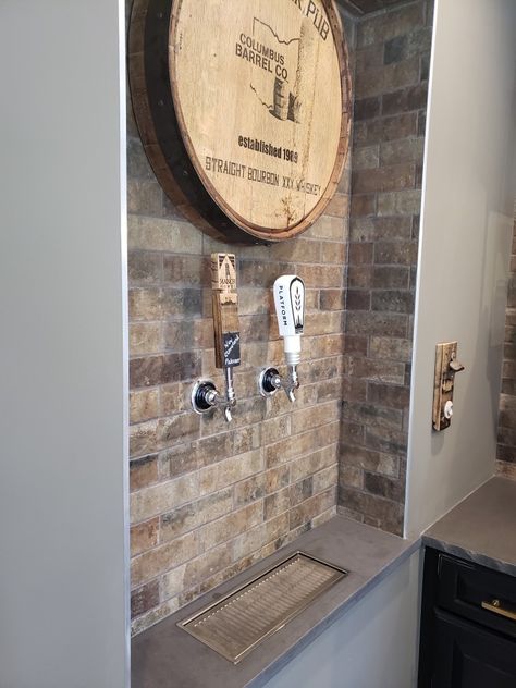 Basement Bar With Beer Taps, Basement Bars, Sports Man Cave, Tap Wall, Bar Stuff, Keg Tap, Cave Basement, Man Cave Basement, Wall Taps