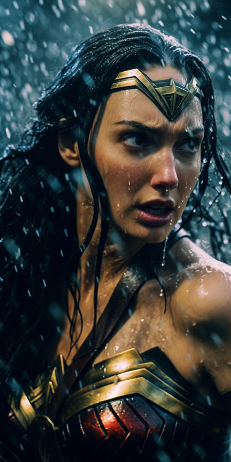 Gal Gadot as Wonder Woman, soaking wet, fighting, getting doused with water, completely soaked, wet black hair, glamorous brightly colored Wonder Woman outfit Gal Gadot Wonder Woman Outfits, Wet Black Hair, Wonder Woman Fanart, Wonder Woman Aesthetic, Girl Under Water, Wonder Woman Makeup, Wonder Woman Outfit, Amazon Queen, Woman Pictures