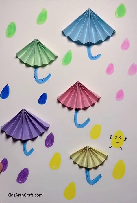 Easy Paper Umbrella Craft, Rain Craft For Toddlers, Umbrella Craft For Kids, Paper Umbrella Craft, Fun Paper Crafts For Kids, Rainy Day Umbrella, Fun Paper Crafts, Umbrella Paper, Rain Crafts