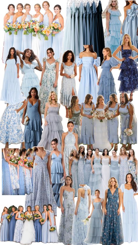 Blue Bridesmaid With Groomsmen, Pretty Blue Bridesmaid Dresses, Revelry Blue Bridesmaid Dresses, Wedding Bridesmaid Dresses Dusty Blue, Costal Wedding Bridesmaids, Delft Blue Bridesmaid Dress, Denim Blue Bridesmaids Dresses, Blue And Champagne Bridesmaid Dresses, Bridgerton Blue Wedding