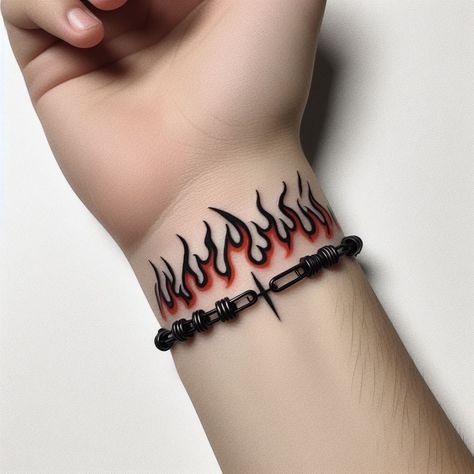 Flame Bracelet Tattoo, Flames Around Wrist Tattoo, Fire Wrist Tattoo, Tattoo Fire Flame, Flame Wrist Tattoo, Wrist Tattoo Writing, Tato Simple, Typographic Tattoo, Bracelet Tattoo For Man