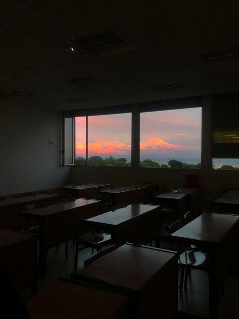 #classroom #sunset #clouds #colors #window #aesthetic #sky #school Sunset Classroom Aesthetic, School Classroom Background Aesthetic, School Window Aesthetic, School Sunset Aesthetic, Empty Classroom Aesthetic, Classrooms Aesthetic, Dark Classroom Aesthetic, Sunset Classroom, Classmates Aesthetic